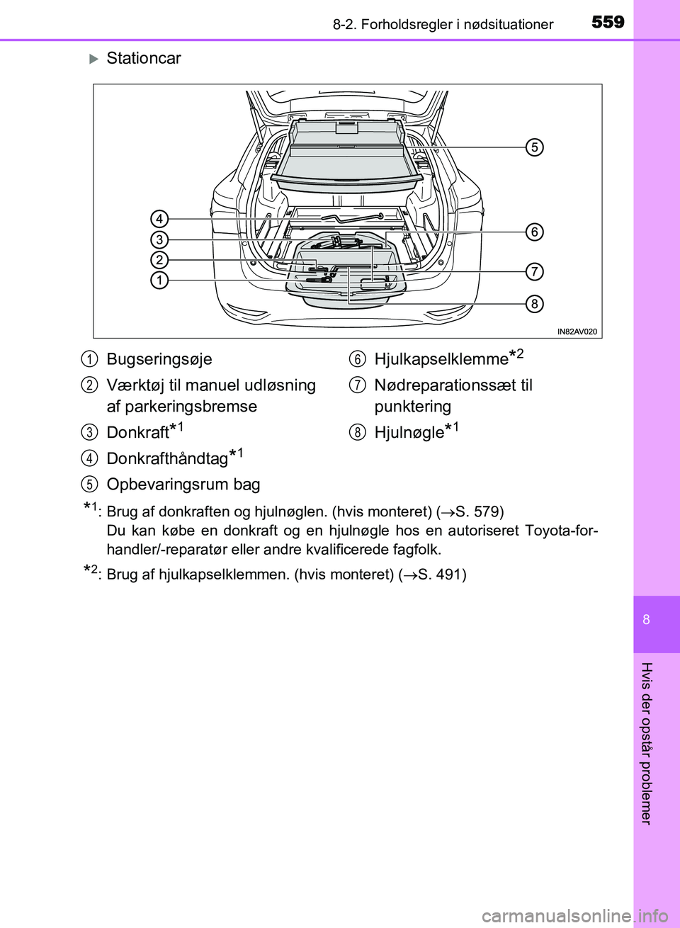 TOYOTA AVENSIS 2018  Brugsanvisning (in Danish) 5598-2. Forholdsregler i nødsituationer
AVENSIS OM20C79DK
8
Hvis der opstår problemer
Stationcar
*1: Brug af donkraften og hjulnøglen. (hvis monteret) (S. 579)
Du kan købe en donkraft og en 