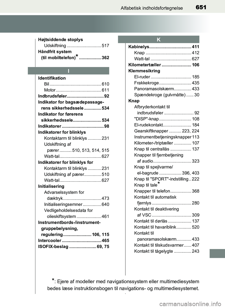 TOYOTA AVENSIS 2018 Brugsanvisning (in Danish) 651Alfabetisk indholdsfortegnelse
AVENSIS OM20C79DK
Højtsiddende stoplysUdskiftning ............................ 517
Håndfrit system (til mobiltelefon)
*.................. 362
Identifikation Bil .. TOYOTA AVENSIS 2018 Brugsanvisning (in Danish) 651Alfabetisk indholdsfortegnelse
AVENSIS OM20C79DK
Højtsiddende stoplysUdskiftning ............................ 517
Håndfrit system (til mobiltelefon)
*.................. 362
Identifikation Bil ..