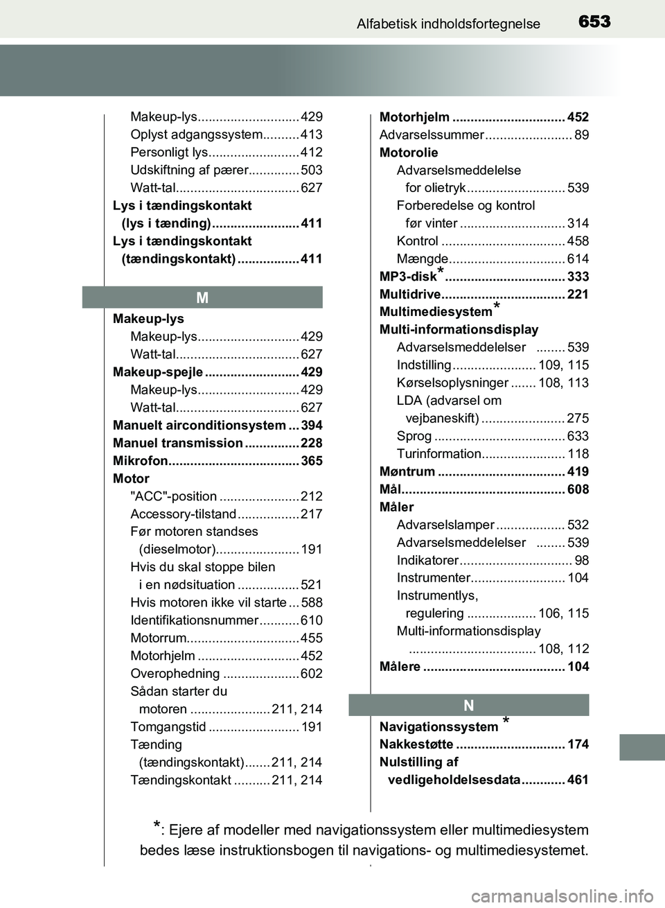 TOYOTA AVENSIS 2018 Brugsanvisning (in Danish) 653Alfabetisk indholdsfortegnelse
AVENSIS OM20C79DK
Makeup-lys............................ 429
Oplyst adgangssystem.......... 413
Personligt lys......................... 412
Udskiftning af pærer..... TOYOTA AVENSIS 2018 Brugsanvisning (in Danish) 653Alfabetisk indholdsfortegnelse
AVENSIS OM20C79DK
Makeup-lys............................ 429
Oplyst adgangssystem.......... 413
Personligt lys......................... 412
Udskiftning af pærer.....