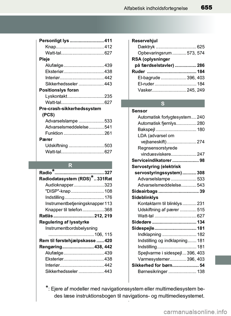 TOYOTA AVENSIS 2018 Brugsanvisning (in Danish) 655Alfabetisk indholdsfortegnelse
AVENSIS OM20C79DK
Personligt lys ........................... 411Knap...................................... 412
Watt-tal.................................. 627
Pleje Al TOYOTA AVENSIS 2018 Brugsanvisning (in Danish) 655Alfabetisk indholdsfortegnelse
AVENSIS OM20C79DK
Personligt lys ........................... 411Knap...................................... 412
Watt-tal.................................. 627
Pleje Al