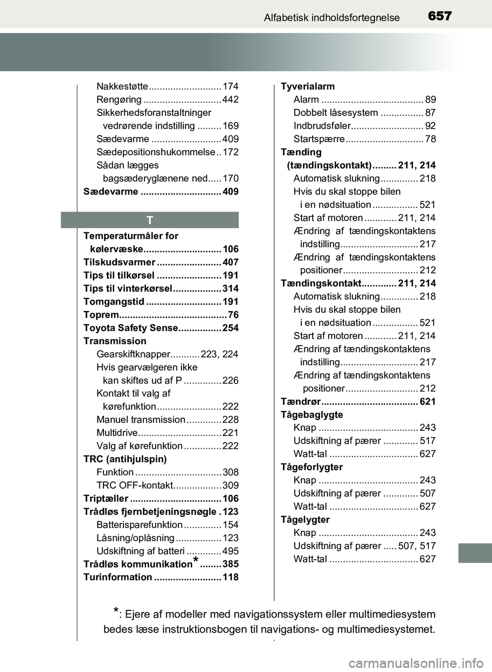 TOYOTA AVENSIS 2018 Brugsanvisning (in Danish) 657Alfabetisk indholdsfortegnelse
AVENSIS OM20C79DK
Nakkestøtte ........................... 174
Rengøring ............................. 442
Sikkerhedsforanstaltninger vedrørende indstilling ....... TOYOTA AVENSIS 2018 Brugsanvisning (in Danish) 657Alfabetisk indholdsfortegnelse
AVENSIS OM20C79DK
Nakkestøtte ........................... 174
Rengøring ............................. 442
Sikkerhedsforanstaltninger vedrørende indstilling .......