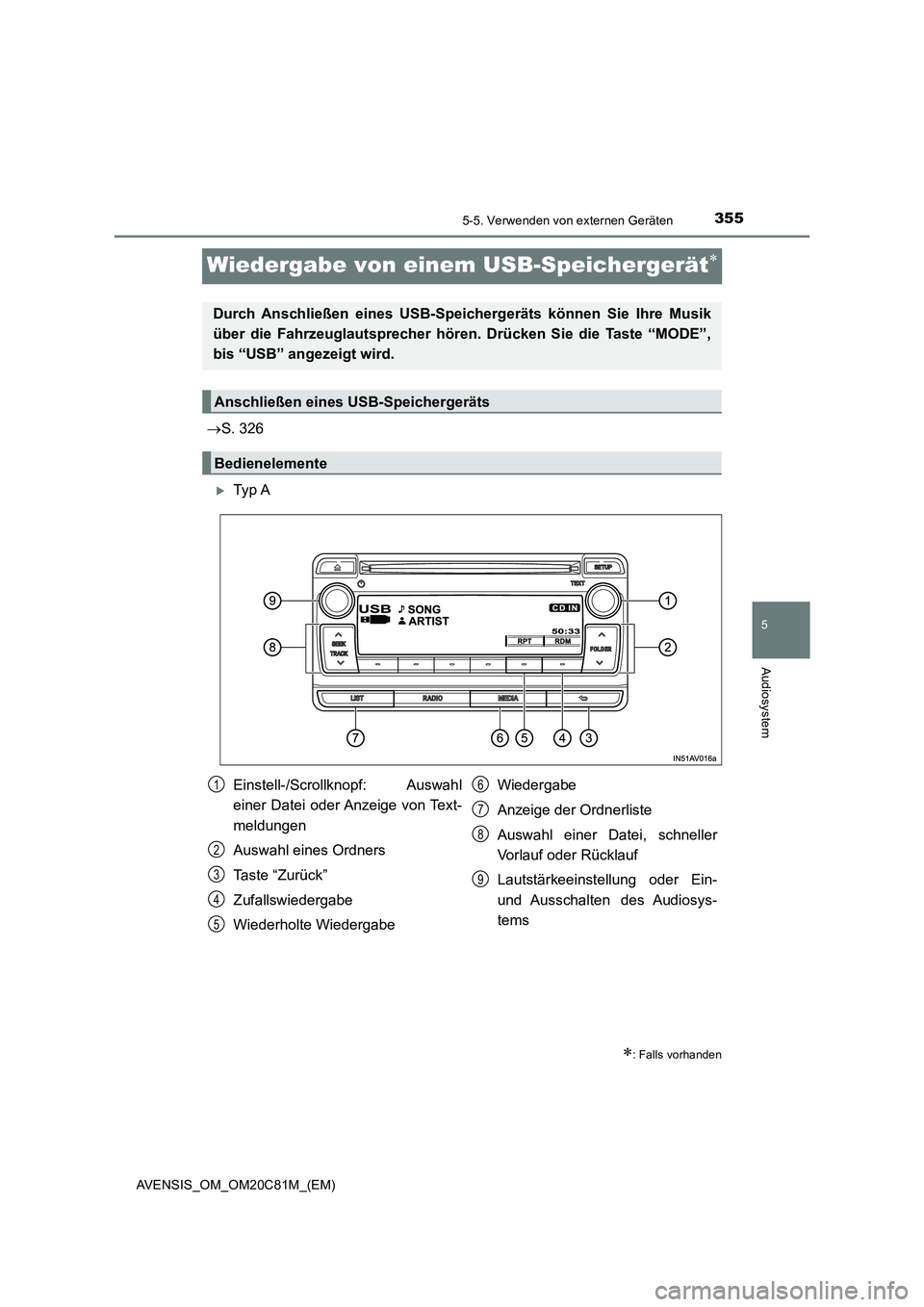TOYOTA AVENSIS 2018  Betriebsanleitungen (in German) 355
5
5-5. Verwenden von externen Geräten
Audiosystem
AVENSIS_OM_OM20C81M_(EM)
Wiedergabe von einem USB-Speichergerät
S. 326
Ty p  A
: Falls vorhanden
Durch Anschließen  eines USB-Speic
