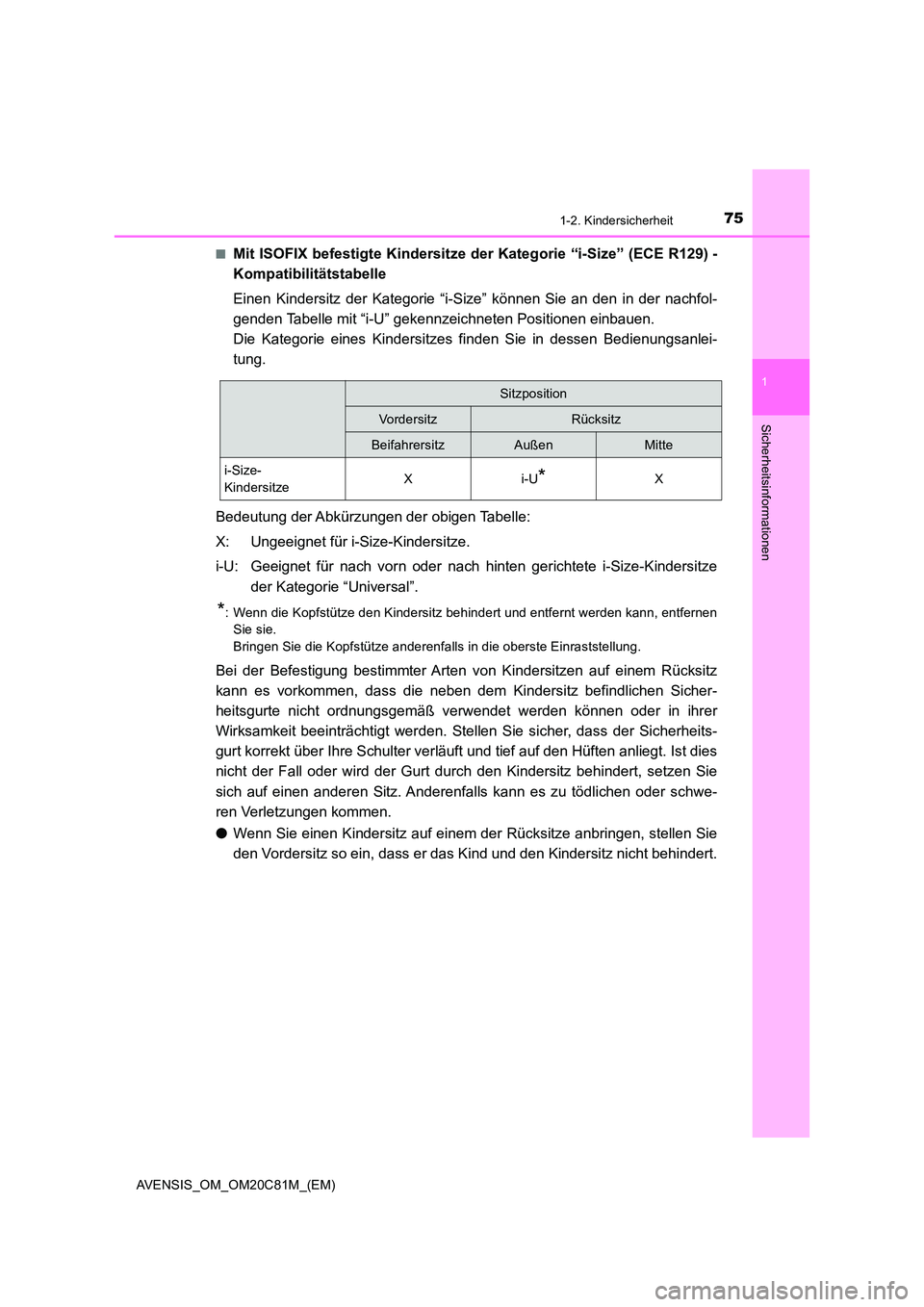 TOYOTA AVENSIS 2018 Betriebsanleitungen (in German) 751-2. Kindersicherheit
1
AVENSIS_OM_OM20C81M_(EM)
Sicherheitsinformationen
■Mit ISOFIX befestigte Kindersitze der Kategorie “i-Size” (ECE R129) -
Kompatibilitätstabelle
Einen Kindersitz der TOYOTA AVENSIS 2018 Betriebsanleitungen (in German) 751-2. Kindersicherheit
1
AVENSIS_OM_OM20C81M_(EM)
Sicherheitsinformationen
■Mit ISOFIX befestigte Kindersitze der Kategorie “i-Size” (ECE R129) -
Kompatibilitätstabelle
Einen Kindersitz der