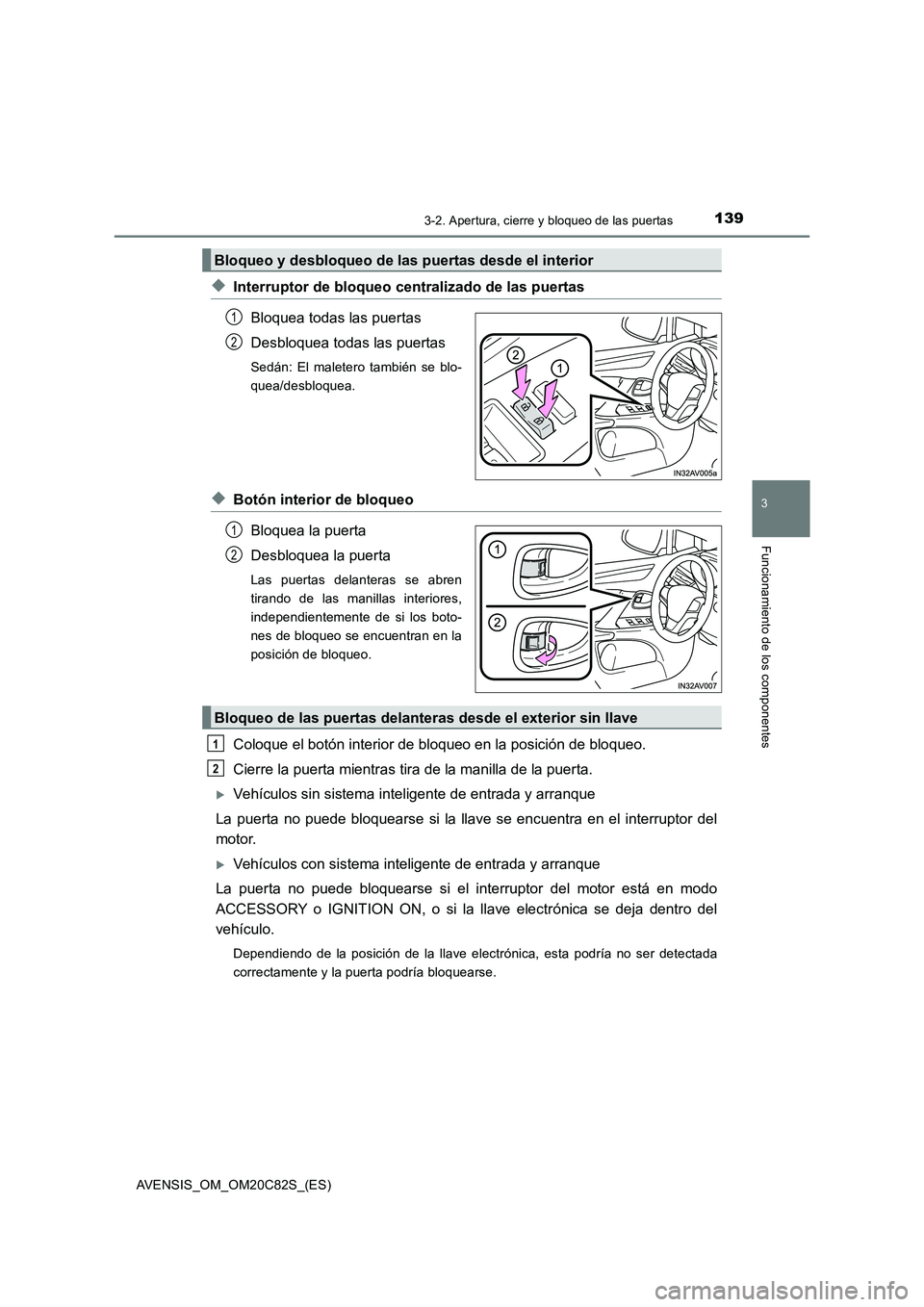 TOYOTA AVENSIS 2018 Manual del propietario (in Spanish) 1393-2. Apertura, cierre y bloqueo de las puertas
3
Funcionamiento de los componentes
AVENSIS_OM_OM20C82S_(ES)
◆Interruptor de bloqueo centralizado de las puertas
Bloquea todas las puertas
Desbloque TOYOTA AVENSIS 2018 Manual del propietario (in Spanish) 1393-2. Apertura, cierre y bloqueo de las puertas
3
Funcionamiento de los componentes
AVENSIS_OM_OM20C82S_(ES)
◆Interruptor de bloqueo centralizado de las puertas
Bloquea todas las puertas
Desbloque