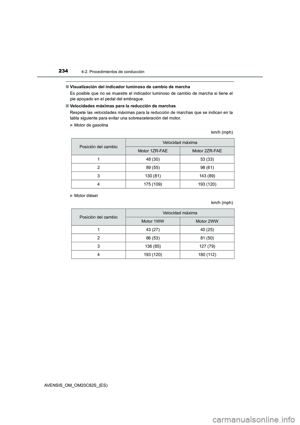 TOYOTA AVENSIS 2018  Manual del propietario (in Spanish) 2344-2. Procedimientos de conducción
AVENSIS_OM_OM20C82S_(ES)
■Visualización del indicador luminoso de cambio de marcha
Es posible que no se muestre el indicador luminoso de cambio de marcha si ti