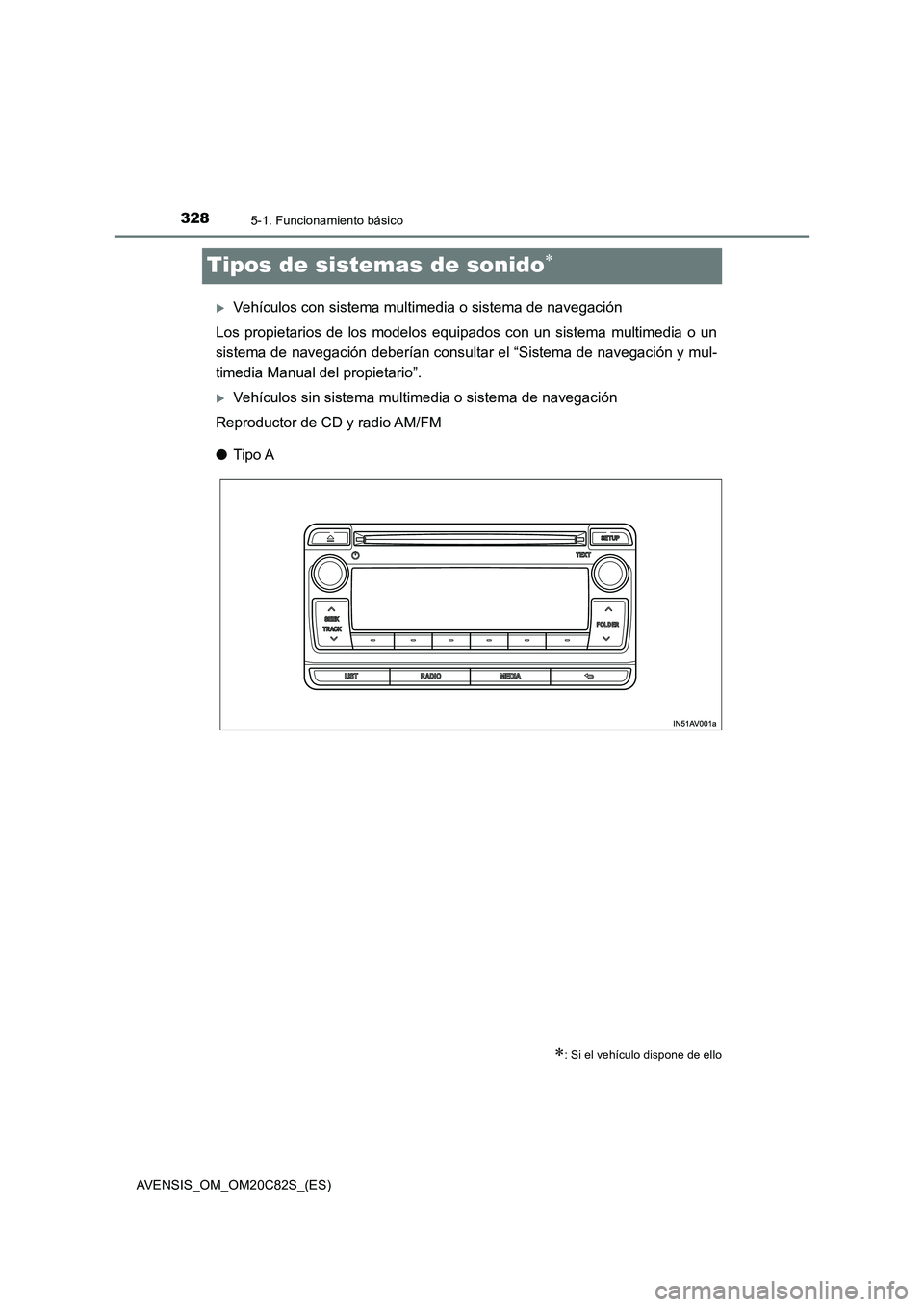 TOYOTA AVENSIS 2018  Manual del propietario (in Spanish) 3285-1. Funcionamiento básico
AVENSIS_OM_OM20C82S_(ES)
Tipos de sistemas de sonido
Vehículos con sistema multimedia o sistema de navegación
Los propietarios de los modelos equipados con un si