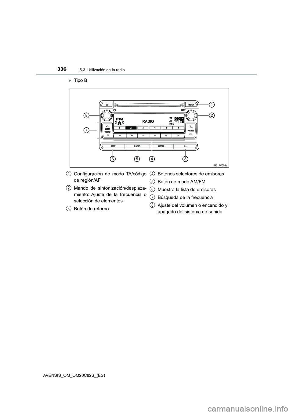 TOYOTA AVENSIS 2018  Manual del propietario (in Spanish) 3365-3. Utilización de la radio
AVENSIS_OM_OM20C82S_(ES)
Tipo B
Configuración de modo TA/código
de región/AF
Mando de sintonización/desplaza-
miento: Ajuste de la frecuencia o
selección de el