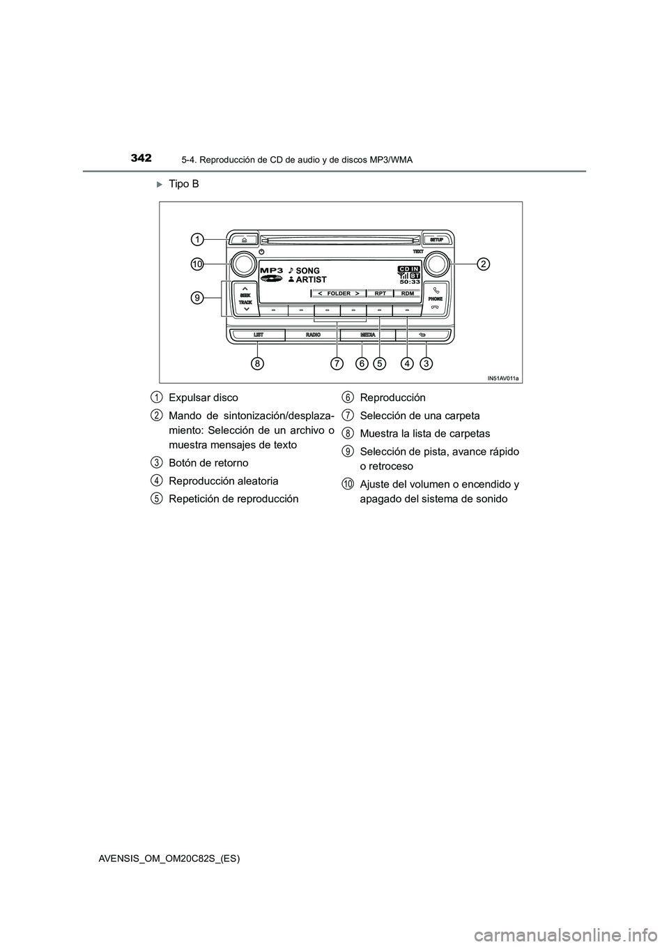TOYOTA AVENSIS 2018  Manual del propietario (in Spanish) 3425-4. Reproducción de CD de audio y de discos MP3/WMA
AVENSIS_OM_OM20C82S_(ES)
Tipo B
Expulsar disco
Mando de sintonización/desplaza-
miento: Selección de un archivo o
muestra mensajes de text