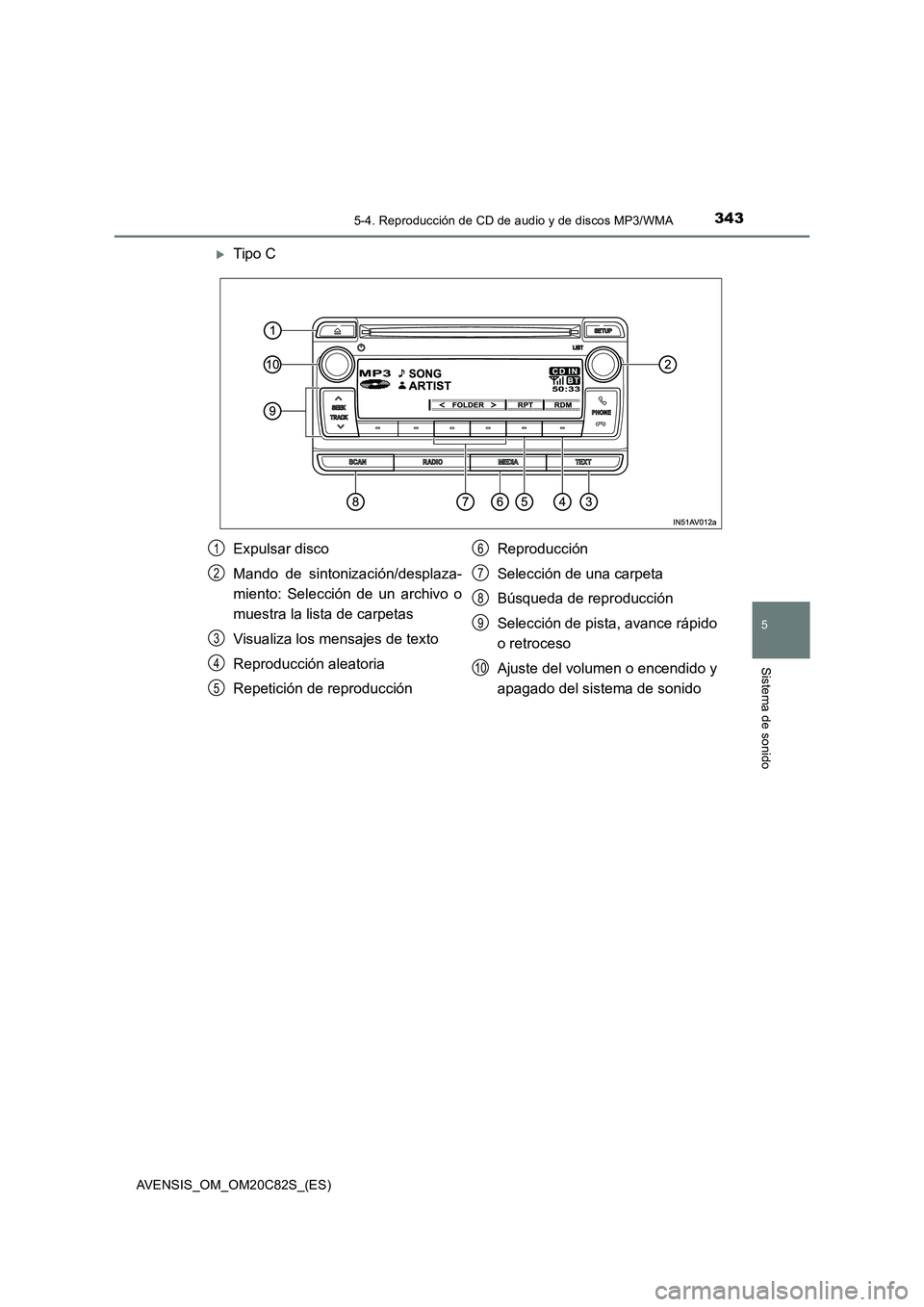 TOYOTA AVENSIS 2018  Manual del propietario (in Spanish) 3435-4. Reproducción de CD de audio y de discos MP3/WMA
5
Sistema de sonido
AVENSIS_OM_OM20C82S_(ES)
Tipo C
Expulsar disco
Mando de sintonización/desplaza-
miento: Selección de un archivo o
mues
