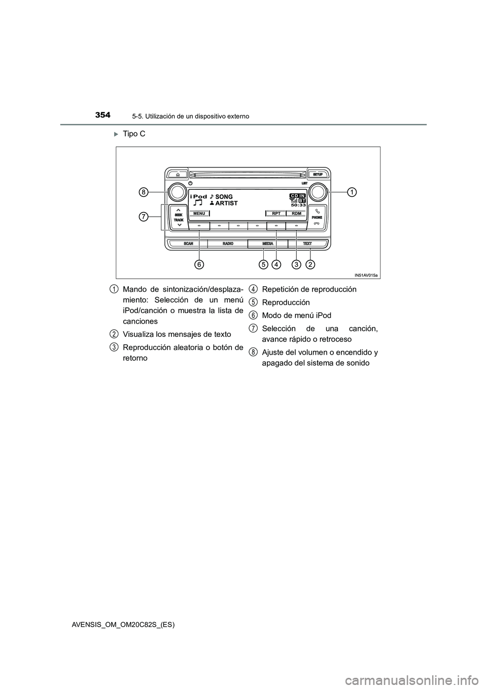 TOYOTA AVENSIS 2018  Manual del propietario (in Spanish) 3545-5. Utilización de un dispositivo externo
AVENSIS_OM_OM20C82S_(ES)
Tipo C
Mando de sintonización/desplaza-
miento: Selección de un menú
iPod/canción o muestra la lista de
canciones
Visuali