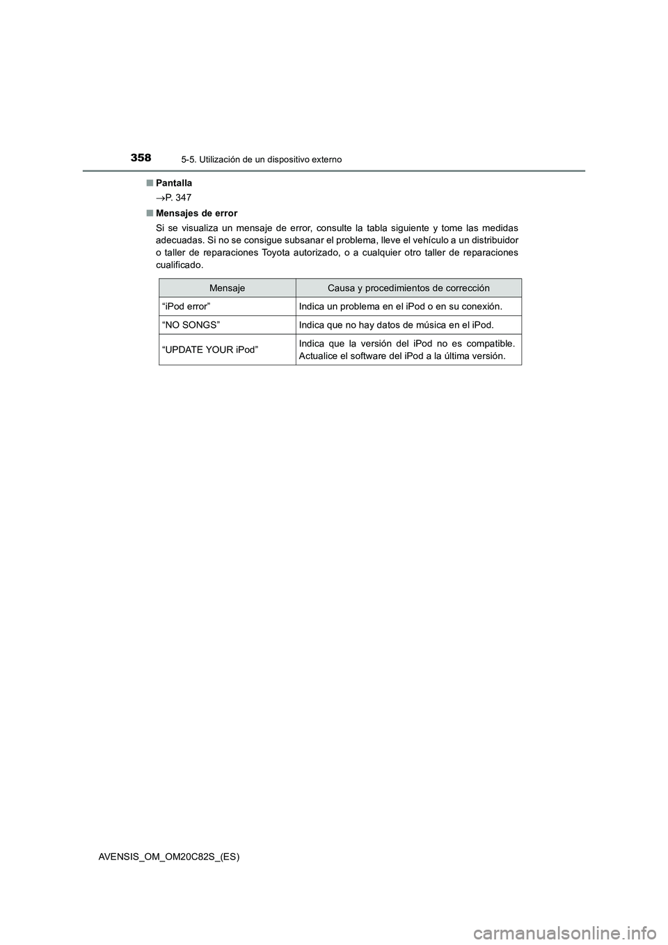 TOYOTA AVENSIS 2018  Manual del propietario (in Spanish) 3585-5. Utilización de un dispositivo externo
AVENSIS_OM_OM20C82S_(ES)■Pantalla
P.  3 4 7
■Mensajes de error
Si se visualiza un mensaje de error, consulte la tabla siguiente y tome las medidas