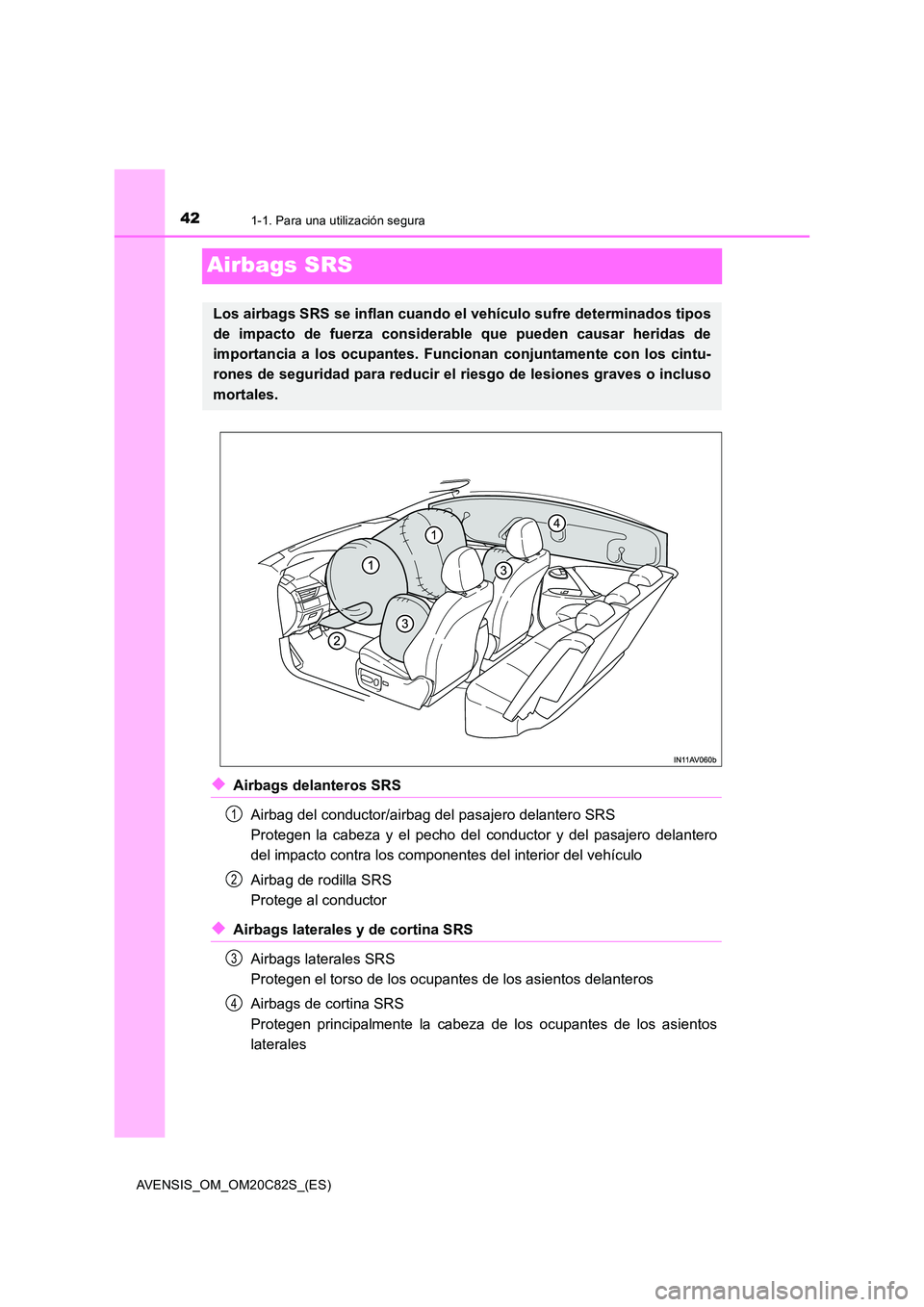 TOYOTA AVENSIS 2018  Manual del propietario (in Spanish) 421-1. Para una utilización segura
AVENSIS_OM_OM20C82S_(ES)
Airbags SRS
◆Airbags delanteros SRS 
Airbag del conductor/airbag del pasajero delantero SRS  
Protegen la cabeza y el pecho del  conducto