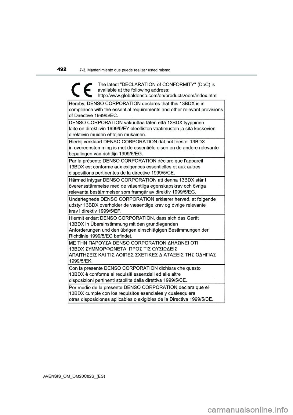 TOYOTA AVENSIS 2018  Manual del propietario (in Spanish) 4927-3. Mantenimiento que puede realizar usted mismo
AVENSIS_OM_OM20C82S_(ES) 