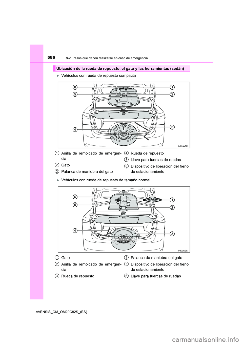 TOYOTA AVENSIS 2018  Manual del propietario (in Spanish) 5868-2. Pasos que deben realizarse en caso de emergencia
AVENSIS_OM_OM20C82S_(ES)
Vehículos con rueda de repuesto compacta
Vehículos con rueda de repuesto de tamaño normal
Ubicación de la ru