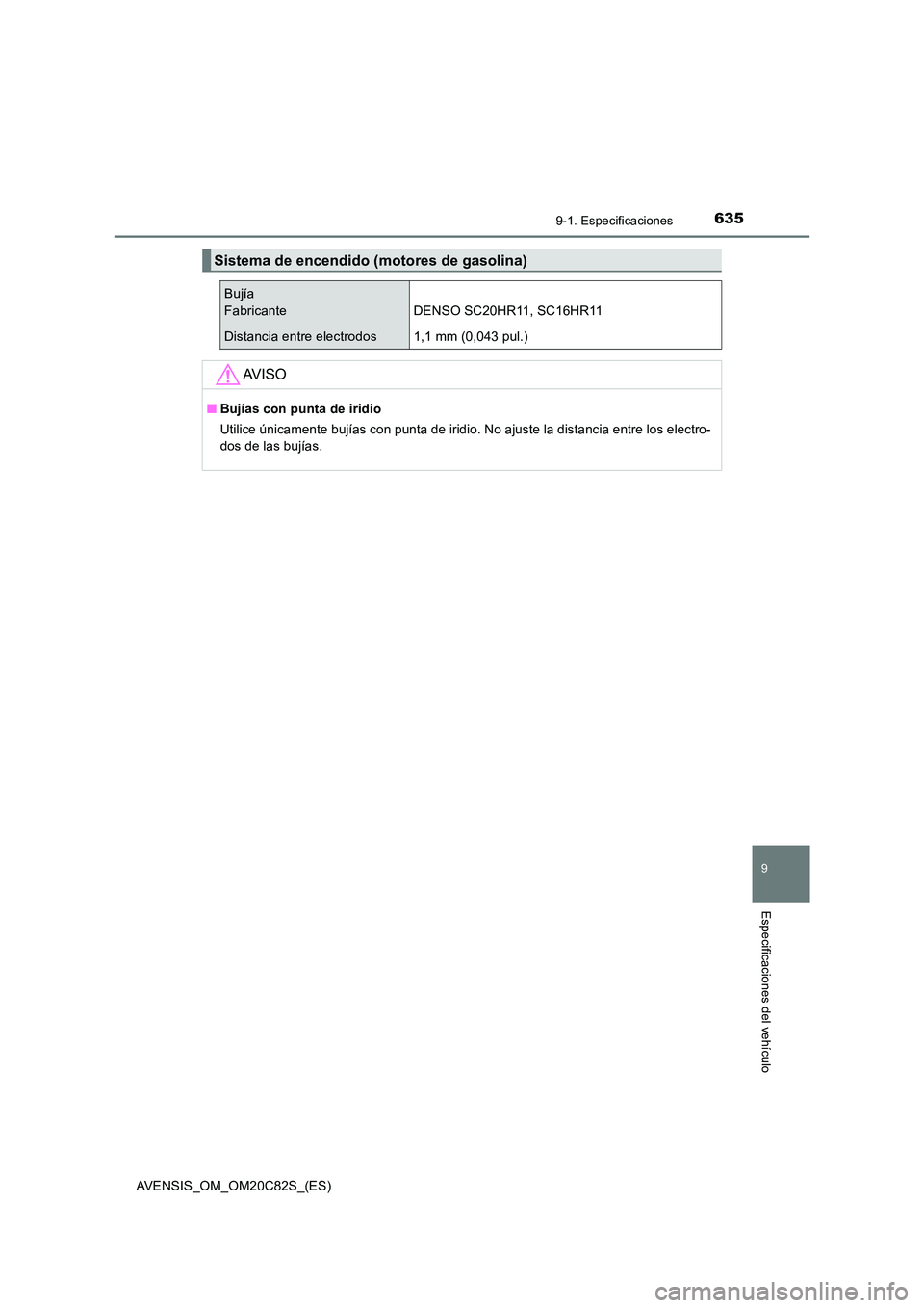 TOYOTA AVENSIS 2018  Manual del propietario (in Spanish) 6359-1. Especificaciones
AVENSIS_OM_OM20C82S_(ES)
9
Especificaciones del vehículo
Sistema de encendido (motores de gasolina)
Bujía 
Fabricante DENSO SC20HR11, SC16HR11
Distancia entre electrodos 1,1