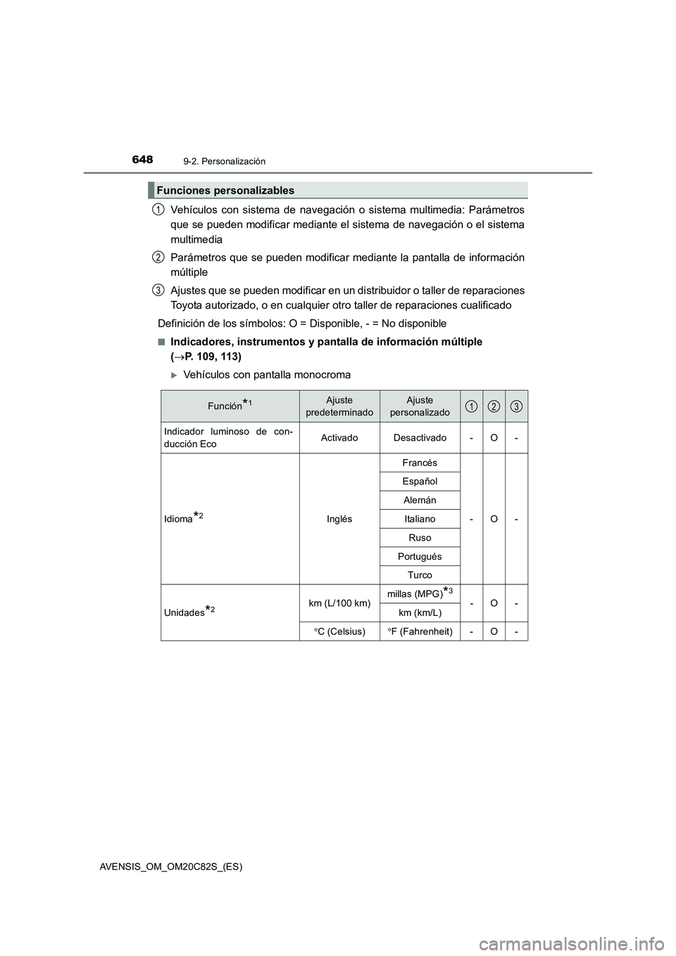 TOYOTA AVENSIS 2018  Manual del propietario (in Spanish) 6489-2. Personalización
AVENSIS_OM_OM20C82S_(ES)
Vehículos con sistema de navegación o sistema multimedia: Parámetros
que se pueden modificar mediante el sistema de navegación o el sistema
multim