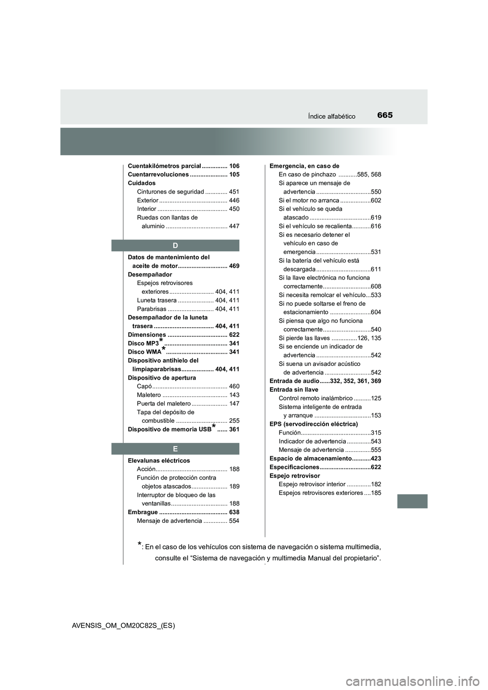 TOYOTA AVENSIS 2018 Manual del propietario (in Spanish) 665Índice alfabético
AVENSIS_OM_OM20C82S_(ES)
Cuentakilómetros parcial ............... 106
Cuentarrevoluciones ...................... 105
Cuidados
Cinturones de seguridad ............. 451
Exterior TOYOTA AVENSIS 2018 Manual del propietario (in Spanish) 665Índice alfabético
AVENSIS_OM_OM20C82S_(ES)
Cuentakilómetros parcial ............... 106
Cuentarrevoluciones ...................... 105
Cuidados
Cinturones de seguridad ............. 451
Exterior