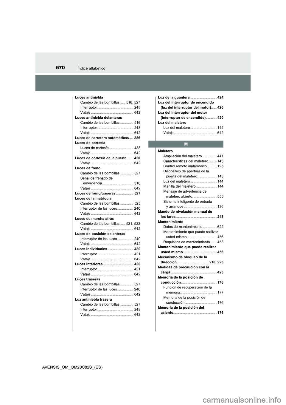 TOYOTA AVENSIS 2018 Manual del propietario (in Spanish) 670Índice alfabético
AVENSIS_OM_OM20C82S_(ES)
Luces antiniebla
Cambio de las bombillas ..... 516, 527
Interruptor .................................... 248
Vataje .................................... TOYOTA AVENSIS 2018 Manual del propietario (in Spanish) 670Índice alfabético
AVENSIS_OM_OM20C82S_(ES)
Luces antiniebla
Cambio de las bombillas ..... 516, 527
Interruptor .................................... 248
Vataje ....................................