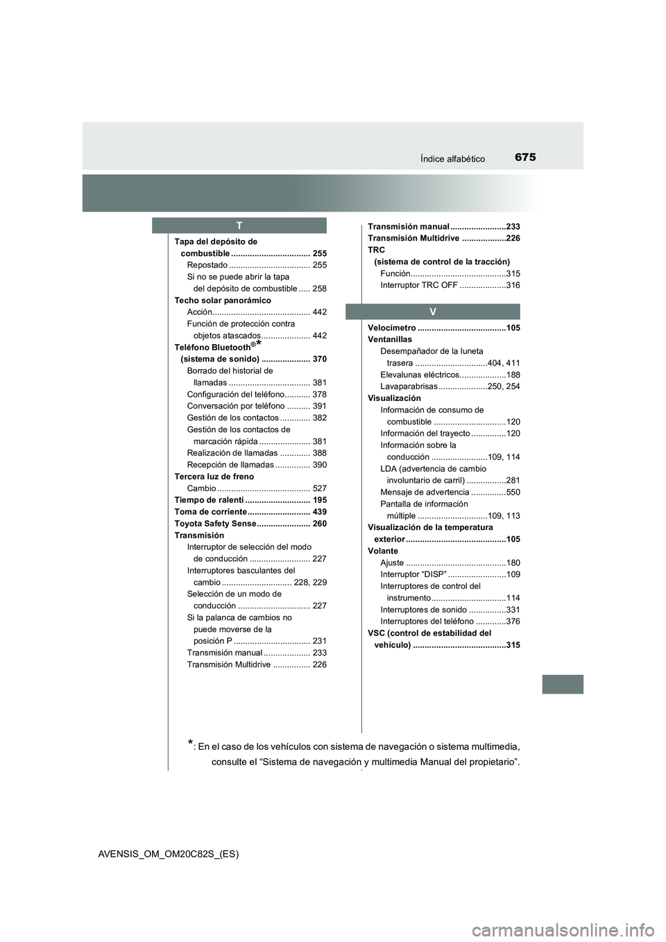 TOYOTA AVENSIS 2018 Manual del propietario (in Spanish) 675Índice alfabético
AVENSIS_OM_OM20C82S_(ES)
Tapa del depósito de
combustible .................................. 255
Repostado ................................... 255
Si no se puede abrir la tapa TOYOTA AVENSIS 2018 Manual del propietario (in Spanish) 675Índice alfabético
AVENSIS_OM_OM20C82S_(ES)
Tapa del depósito de
combustible .................................. 255
Repostado ................................... 255
Si no se puede abrir la tapa