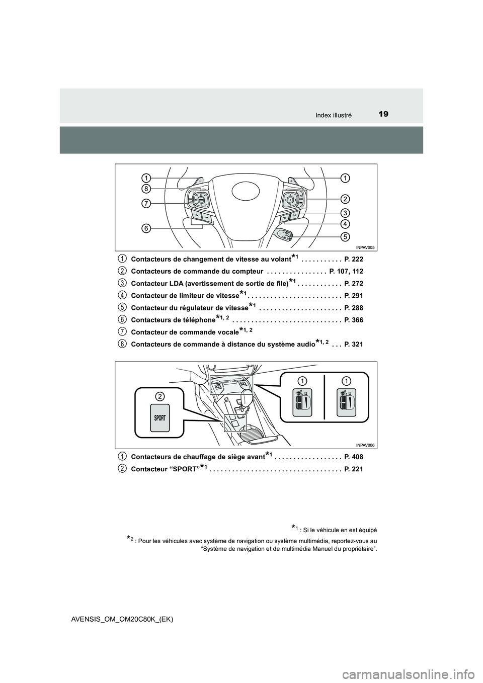 TOYOTA AVENSIS 2018 Manuel du propriétaire (in French) 19Index illustré
AVENSIS_OM_OM20C80K_(EK)
Contacteurs de changement de vitesse au volant*1 . . . . . . . . . . . P. 222
Contacteurs de commande du compteur . . . . . . . . . . . . . . . . P. 107 TOYOTA AVENSIS 2018 Manuel du propriétaire (in French) 19Index illustré
AVENSIS_OM_OM20C80K_(EK)
Contacteurs de changement de vitesse au volant*1 . . . . . . . . . . . P. 222
Contacteurs de commande du compteur . . . . . . . . . . . . . . . . P. 107