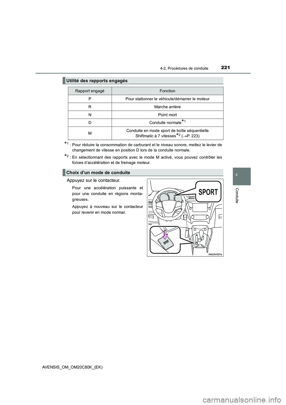 TOYOTA AVENSIS 2018  Manuel du propriétaire (in French) 2214-2. Procédures de conduite
4
Conduite
AVENSIS_OM_OM20C80K_(EK)
*1 : Pour réduire la consommation de carburant et le niveau sonore, mettez le levier de
changement de vitesse en position D lors de