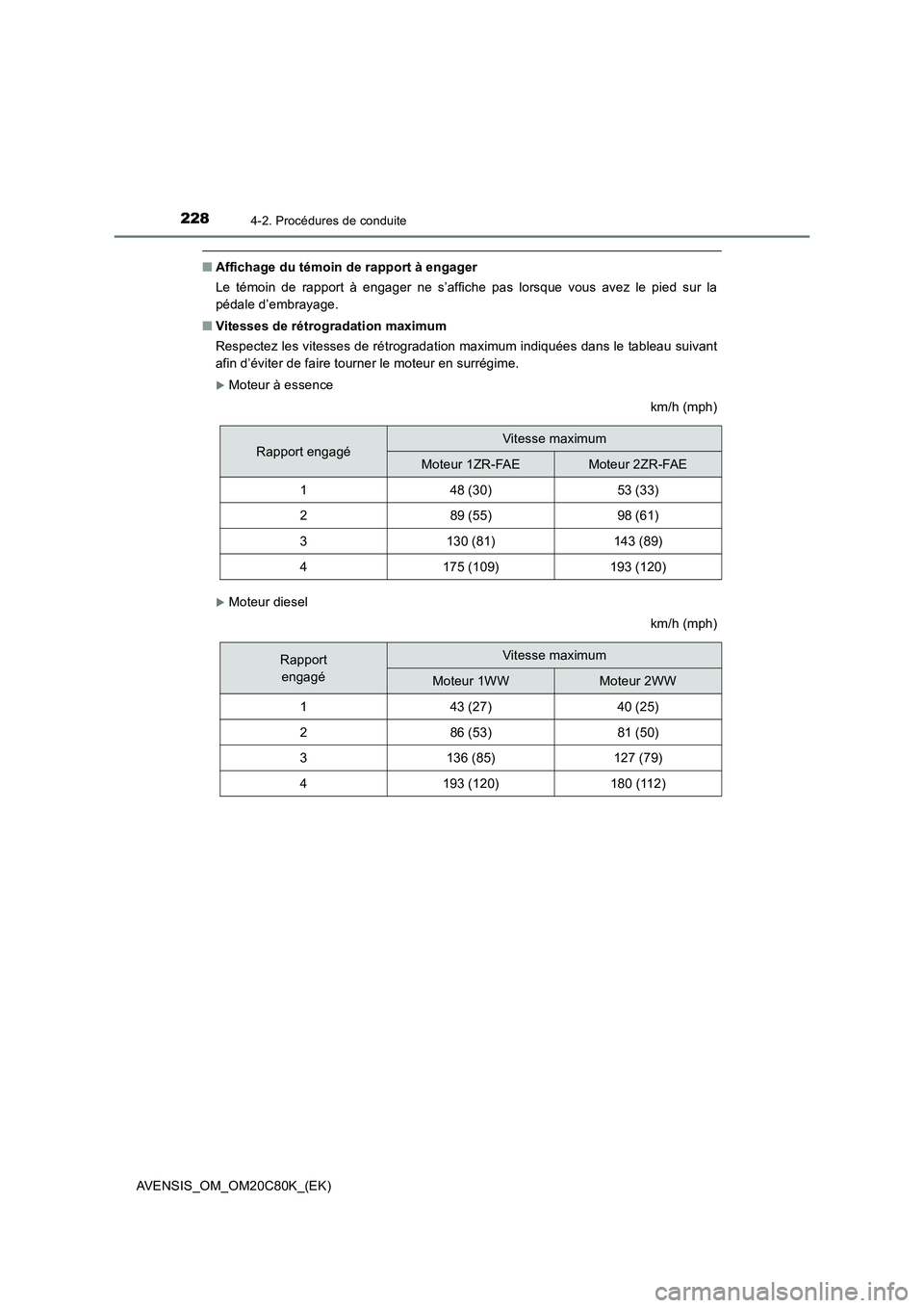 TOYOTA AVENSIS 2018  Manuel du propriétaire (in French) 2284-2. Procédures de conduite
AVENSIS_OM_OM20C80K_(EK)
■Affichage du témoin de rapport à engager
Le témoin de rapport à engager ne s’affiche pas lorsque vous avez le pied sur la
pédale d’