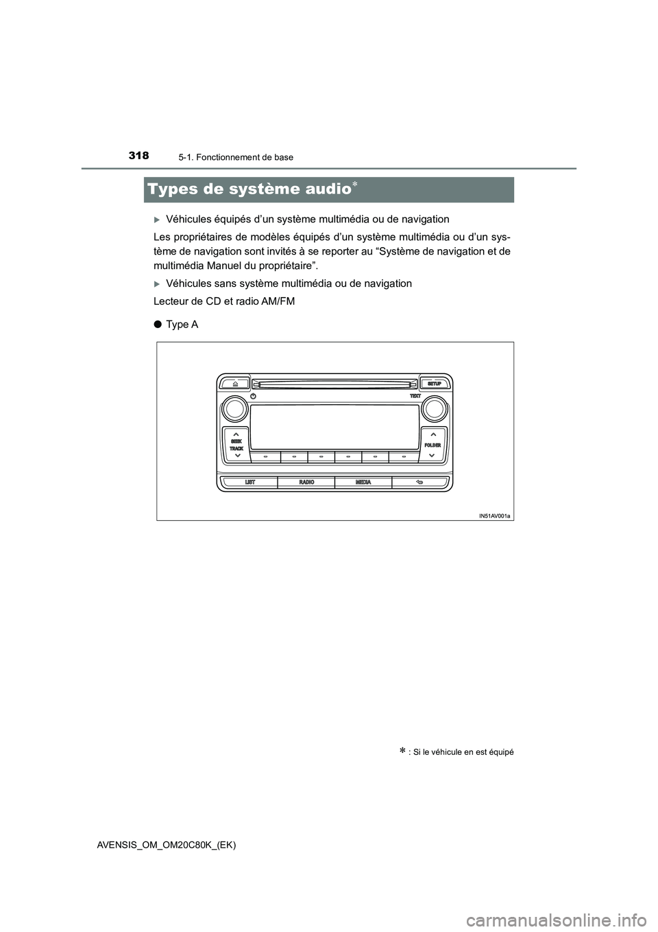 TOYOTA AVENSIS 2018  Manuel du propriétaire (in French) 3185-1. Fonctionnement de base
AVENSIS_OM_OM20C80K_(EK)
Types de système audio
Véhicules équipés d’un système multimédia ou de navigation
Les propriétaires de modèles équipés d’un 