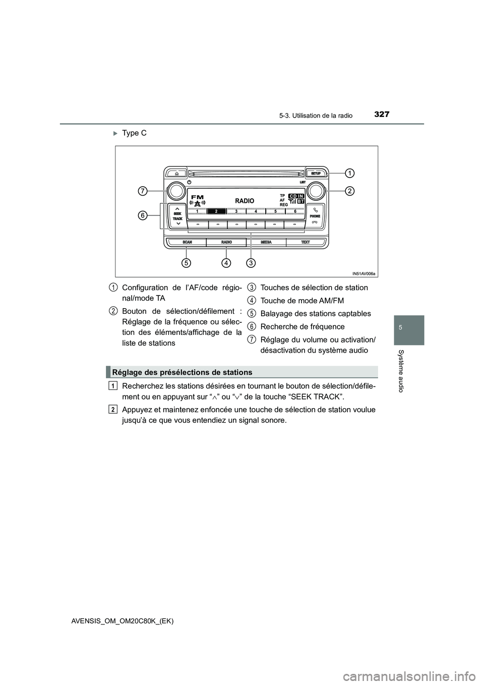 TOYOTA AVENSIS 2018  Manuel du propriétaire (in French) 3275-3. Utilisation de la radio
5
Système audio
AVENSIS_OM_OM20C80K_(EK)
Type C
Recherchez les stations désirées en tournant le bouton de sélection/défile-
ment ou en appuyant sur “” ou