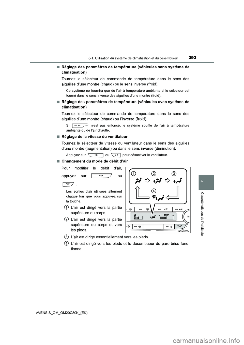 TOYOTA AVENSIS 2018 Manuel du propriétaire (in French) 3936-1. Utilisation du système de climatisation et du désembueur
AVENSIS_OM_OM20C80K_(EK)
6
Caractéristiques de l’habitacle
■Réglage des paramètres de température (véhicules sans système d TOYOTA AVENSIS 2018 Manuel du propriétaire (in French) 3936-1. Utilisation du système de climatisation et du désembueur
AVENSIS_OM_OM20C80K_(EK)
6
Caractéristiques de l’habitacle
■Réglage des paramètres de température (véhicules sans système d