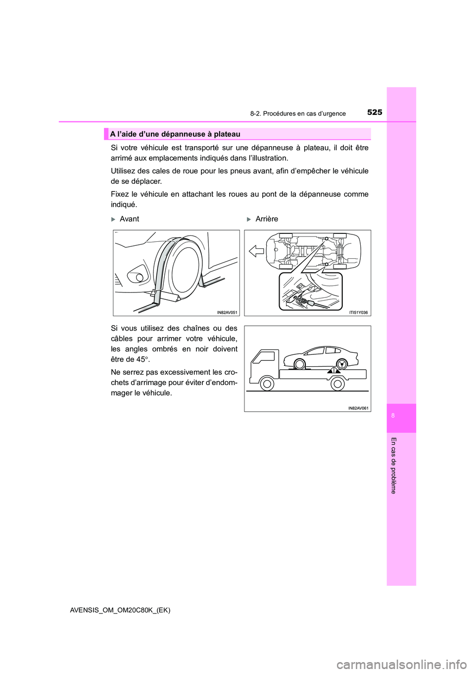 TOYOTA AVENSIS 2018  Manuel du propriétaire (in French) 5258-2. Procédures en cas d’urgence
AVENSIS_OM_OM20C80K_(EK)
8
En cas de problème
Si votre véhicule est transporté sur une dépanneuse à plateau, il doit être 
arrimé aux emplacements indiqu
