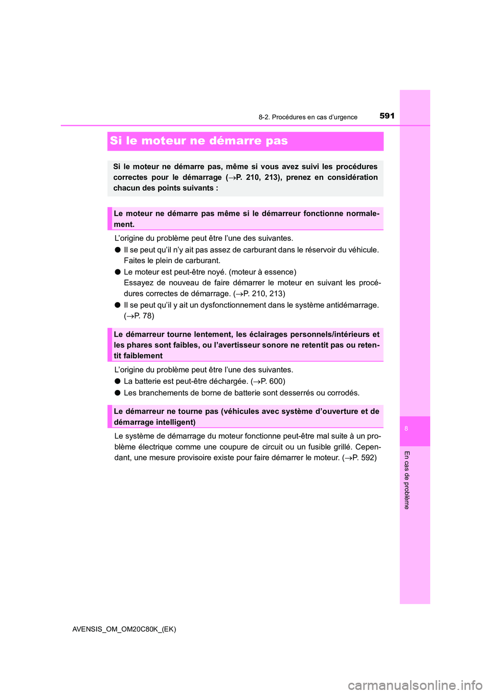 TOYOTA AVENSIS 2018 Manuel du propriétaire (in French) 5918-2. Procédures en cas d’urgence
AVENSIS_OM_OM20C80K_(EK)
8
En cas de problème
Si le moteur ne démarre pas
L’origine du problème peut être l’une des suivantes.
● Il se peut qu’il n TOYOTA AVENSIS 2018 Manuel du propriétaire (in French) 5918-2. Procédures en cas d’urgence
AVENSIS_OM_OM20C80K_(EK)
8
En cas de problème
Si le moteur ne démarre pas
L’origine du problème peut être l’une des suivantes.
● Il se peut qu’il n