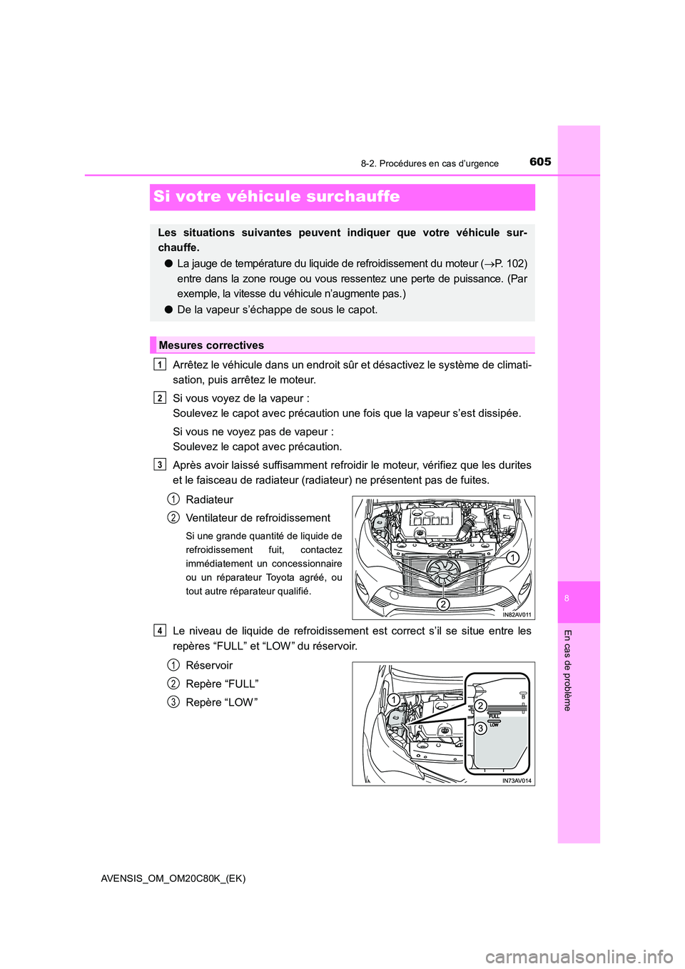 TOYOTA AVENSIS 2018 Manuel du propriétaire (in French) 6058-2. Procédures en cas d’urgence
AVENSIS_OM_OM20C80K_(EK)
8
En cas de problème
Si votre véhicule surchauffe
Arrêtez le véhicule dans un endroit sûr et désactivez le système de climati-
s TOYOTA AVENSIS 2018 Manuel du propriétaire (in French) 6058-2. Procédures en cas d’urgence
AVENSIS_OM_OM20C80K_(EK)
8
En cas de problème
Si votre véhicule surchauffe
Arrêtez le véhicule dans un endroit sûr et désactivez le système de climati-
s