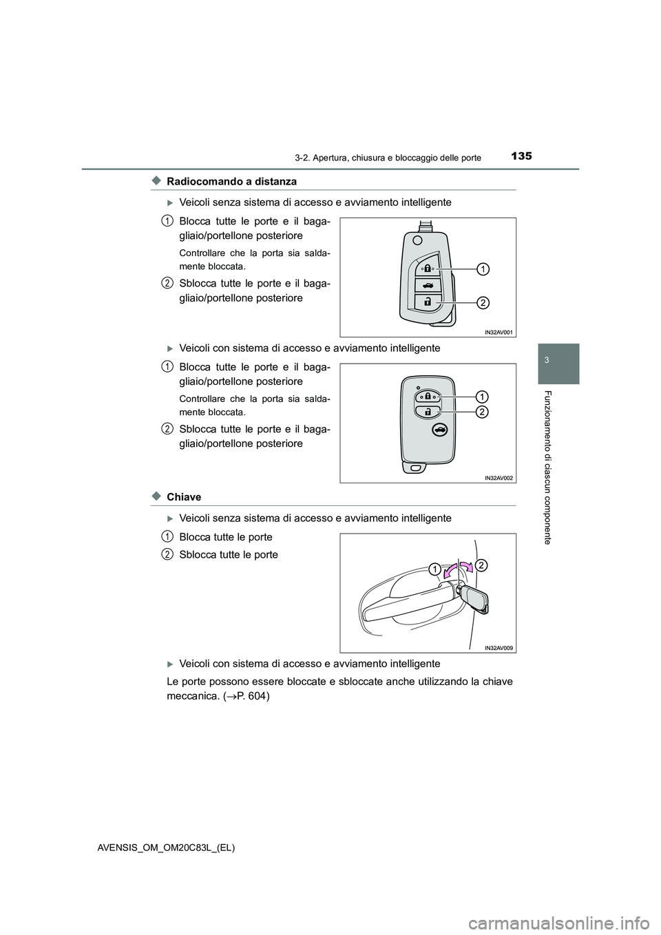 TOYOTA AVENSIS 2018  Manuale duso (in Italian) 1353-2. Apertura, chiusura e bloccaggio delle porte
3
Funzionamento di ciascun componente
AVENSIS_OM_OM20C83L_(EL)
◆Radiocomando a distanza
Veicoli senza sistema di accesso e avviamento intellige