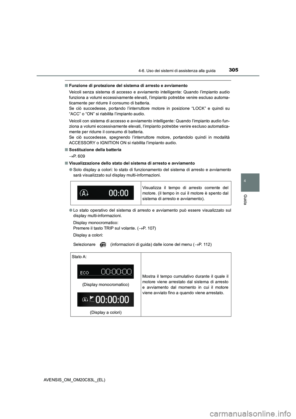 TOYOTA AVENSIS 2018 Manuale duso (in Italian) 3054-6. Uso dei sistemi di assistenza alla guida
4
Guida
AVENSIS_OM_OM20C83L_(EL)
■Funzione di protezione del sistema di arresto e avviamento
Veicoli senza sistema di accesso e avviamento intelligen TOYOTA AVENSIS 2018 Manuale duso (in Italian) 3054-6. Uso dei sistemi di assistenza alla guida
4
Guida
AVENSIS_OM_OM20C83L_(EL)
■Funzione di protezione del sistema di arresto e avviamento
Veicoli senza sistema di accesso e avviamento intelligen