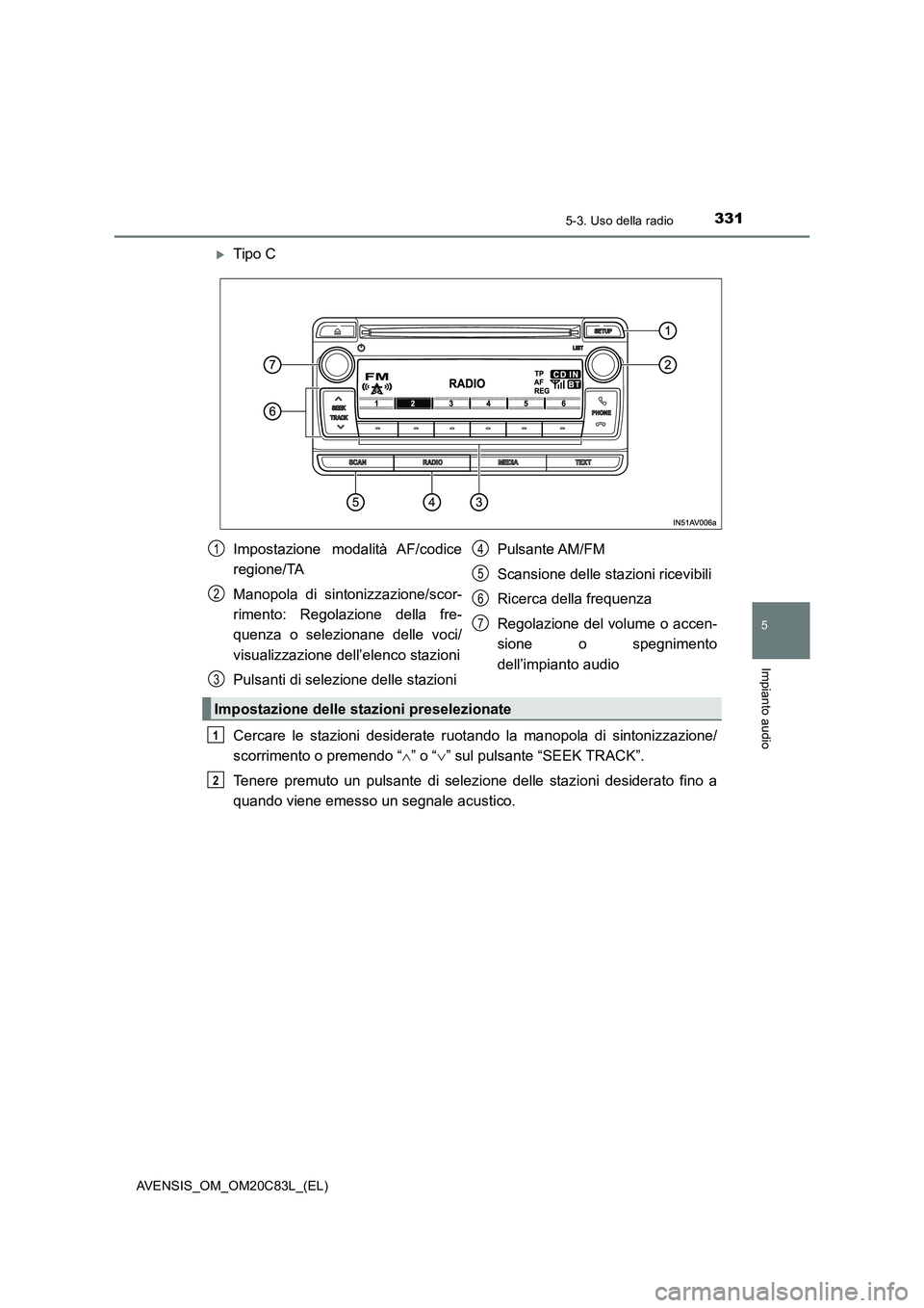 TOYOTA AVENSIS 2018  Manuale duso (in Italian) 3315-3. Uso della radio
5
Impianto audio
AVENSIS_OM_OM20C83L_(EL)
Tipo C
Cercare le stazioni desiderate ruotando la manopola di sintonizzazione/
scorrimento o premendo “” o “” sul pul