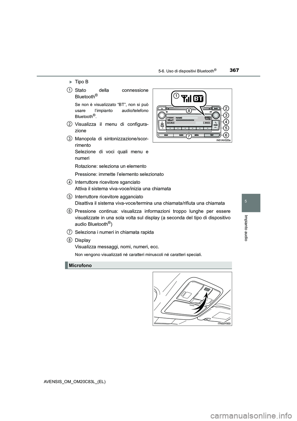 TOYOTA AVENSIS 2018  Manuale duso (in Italian) 3675-6. Uso di dispositivi Bluetooth®
5
Impianto audio
AVENSIS_OM_OM20C83L_(EL)
Tipo B
Stato della connessione
Bluetooth
®
Se non è visualizzato “BT”, non si può
usare l’impianto audio/te