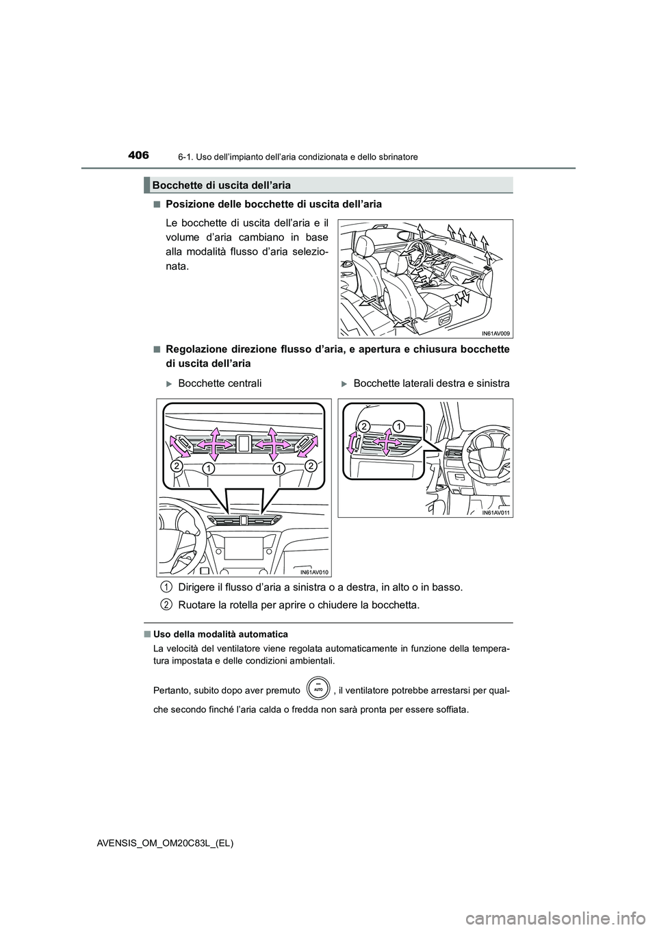 TOYOTA AVENSIS 2018  Manuale duso (in Italian) 4066-1. Uso dell’impianto dell’aria condizionata e dello sbrinatore
AVENSIS_OM_OM20C83L_(EL) 
■Posizione delle bocchette di uscita dell’aria 
Le bocchette di uscita dell’aria e il 
volume d