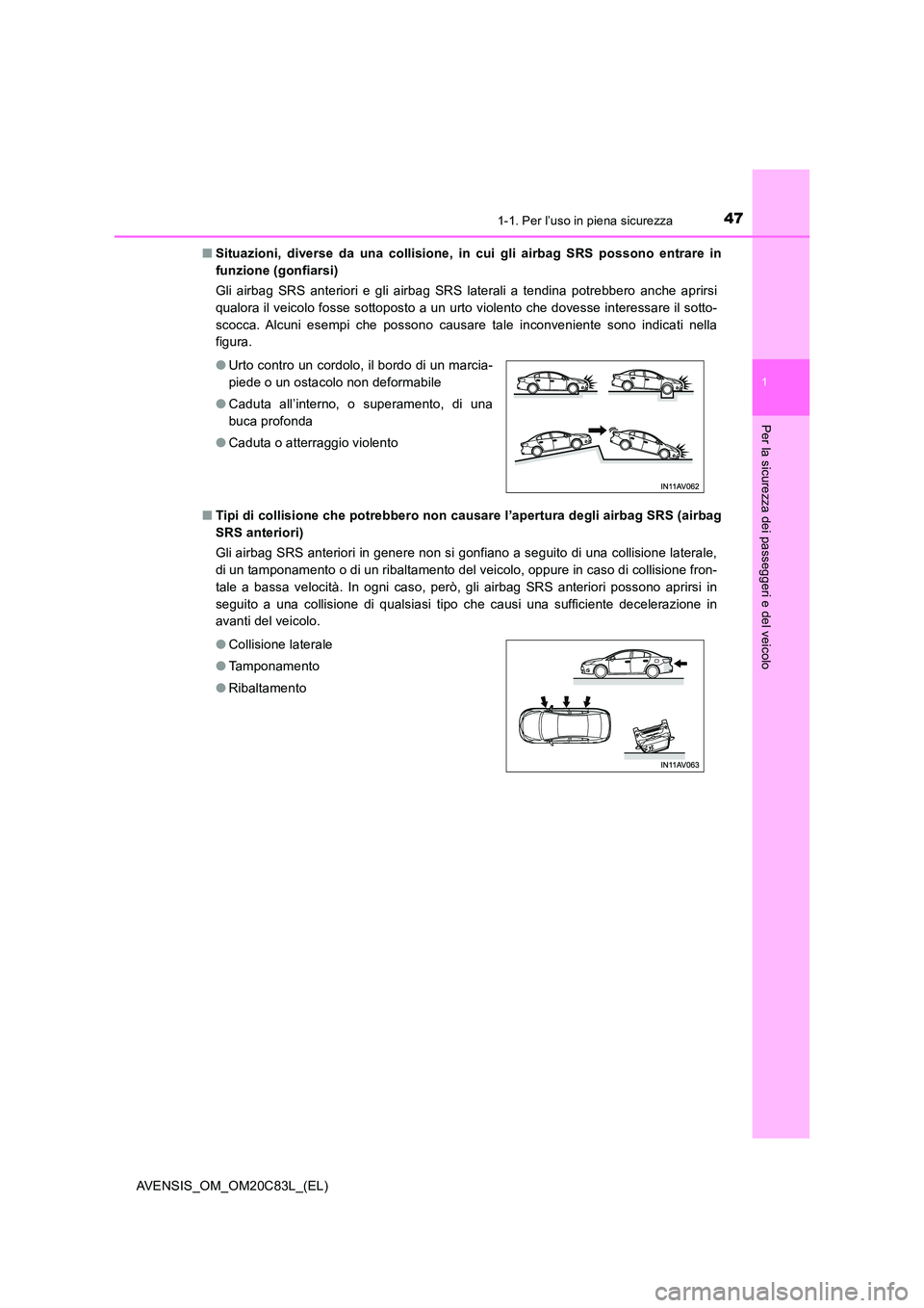 TOYOTA AVENSIS 2018 Manuale duso (in Italian) 471-1. Per l’uso in piena sicurezza
1
AVENSIS_OM_OM20C83L_(EL)
Per la sicurezza dei passeggeri e del veicolo
■Situazioni, diverse da una collisione, in cui gli airbag SRS possono entrare in
funzi TOYOTA AVENSIS 2018 Manuale duso (in Italian) 471-1. Per l’uso in piena sicurezza
1
AVENSIS_OM_OM20C83L_(EL)
Per la sicurezza dei passeggeri e del veicolo
■Situazioni, diverse da una collisione, in cui gli airbag SRS possono entrare in
funzi