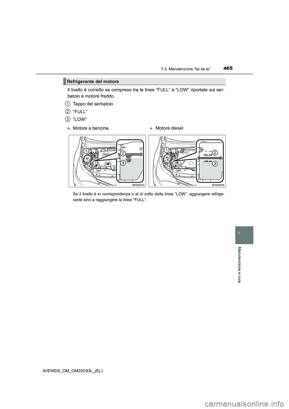 TOYOTA AVENSIS 2018  Manuale duso (in Italian) 4657-3. Manutenzione “fai da te”
AVENSIS_OM_OM20C83L_(EL)
7
Manutenzione e cura
Il livello è corretto se compreso tra le linee “FULL” e “LOW” riportate sul ser- 
batoio a motore freddo. 

