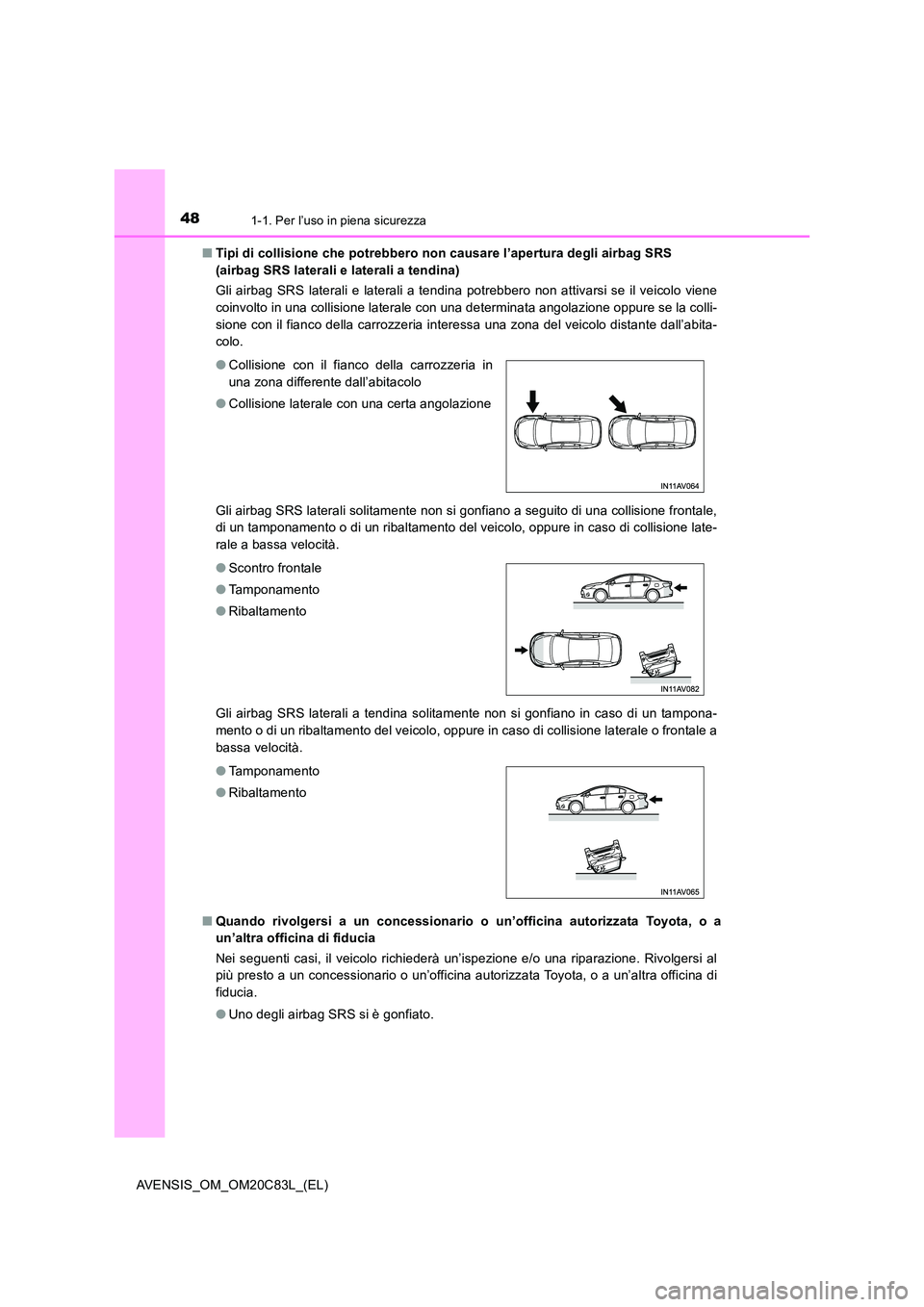 TOYOTA AVENSIS 2018 Manuale duso (in Italian) 481-1. Per l’uso in piena sicurezza
AVENSIS_OM_OM20C83L_(EL)
■ Tipi di collisione che potrebbero non causare l’apertura degli airbag SRS
(airbag SRS laterali e laterali a tendina)
Gli airbag TOYOTA AVENSIS 2018 Manuale duso (in Italian) 481-1. Per l’uso in piena sicurezza
AVENSIS_OM_OM20C83L_(EL)
■ Tipi di collisione che potrebbero non causare l’apertura degli airbag SRS
(airbag SRS laterali e laterali a tendina)
Gli airbag