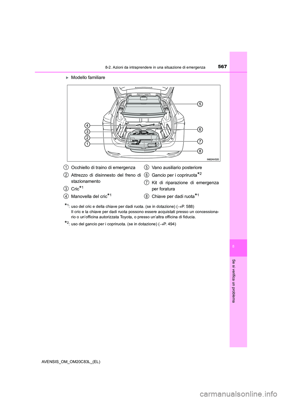 TOYOTA AVENSIS 2018  Manuale duso (in Italian) 5678-2. Azioni da intraprendere in una situazione di emergenza
AVENSIS_OM_OM20C83L_(EL)
8
Se si verifica un problema
Modello familiare
*1: uso del cric e della chiave per dadi ruota. (se in dotazio