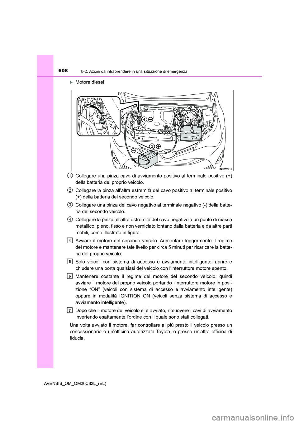 TOYOTA AVENSIS 2018 Manuale duso (in Italian) 6088-2. Azioni da intraprendere in una situazione di emergenza
AVENSIS_OM_OM20C83L_(EL)
Motore diesel
Collegare una pinza cavo di avviamento positivo al terminale positivo (+)
della batteria del TOYOTA AVENSIS 2018 Manuale duso (in Italian) 6088-2. Azioni da intraprendere in una situazione di emergenza
AVENSIS_OM_OM20C83L_(EL)
Motore diesel
Collegare una pinza cavo di avviamento positivo al terminale positivo (+)
della batteria del