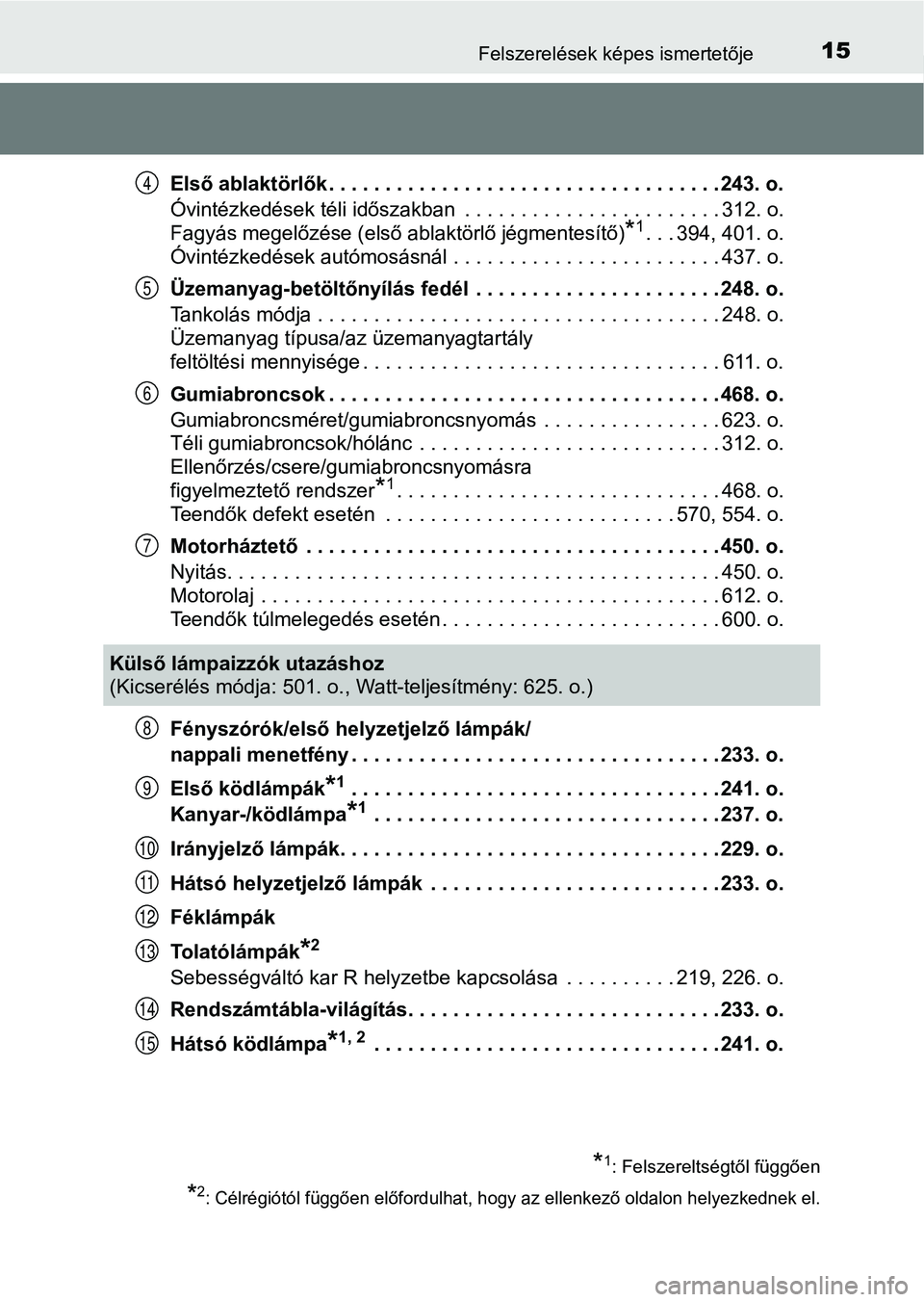 TOYOTA AVENSIS 2018  Kezelési útmutató (in Hungarian) 15Felszerelések képes ismertetője
Első ablaktörlők . . . . . . . . . . . . . . . . . . . . . . . . . . . . . . . . . . . 243. o.
Óvintézkedések téli időszakban  . . . . . . . . . . . . . . 