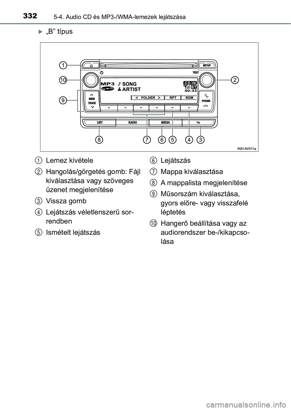TOYOTA AVENSIS 2018  Kezelési útmutató (in Hungarian) 3325-4. Audio CD és MP3-/WMA-lemezek lejátszása
„B” típus
Lemez kivétele
Hangolás/görgetés gomb: Fájl 
kiválasztása vagy szöveges 
üzenet megjelenítése
Vissza gomb
Lejátszás v
