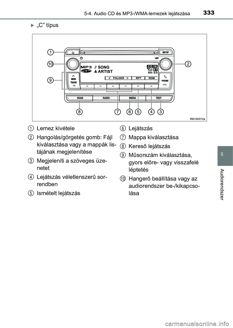 TOYOTA AVENSIS 2018  Kezelési útmutató (in Hungarian) 3335-4. Audio CD és MP3-/WMA-lemezek lejátszása
5
Audiorendszer
„C” típus
Lemez kivétele
Hangolás/görgetés gomb: Fájl 
kiválasztása vagy a mappák lis-
tájának megjelenítése
Megj