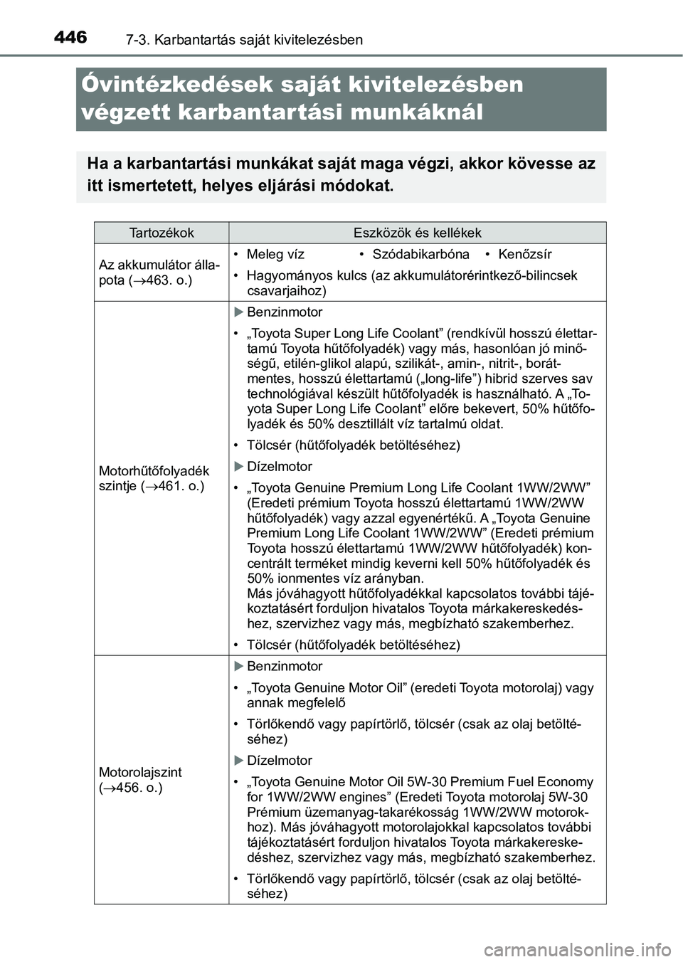 TOYOTA AVENSIS 2018  Kezelési útmutató (in Hungarian) 4467-3. Karbantartás saját kivitelezésben
Óvintézkedések saját kivitelezésben 
végzett karbanta r tási munkáknál
Ha a karbantartási munkákat saját maga végzi, akkor kövesse az
itt ism