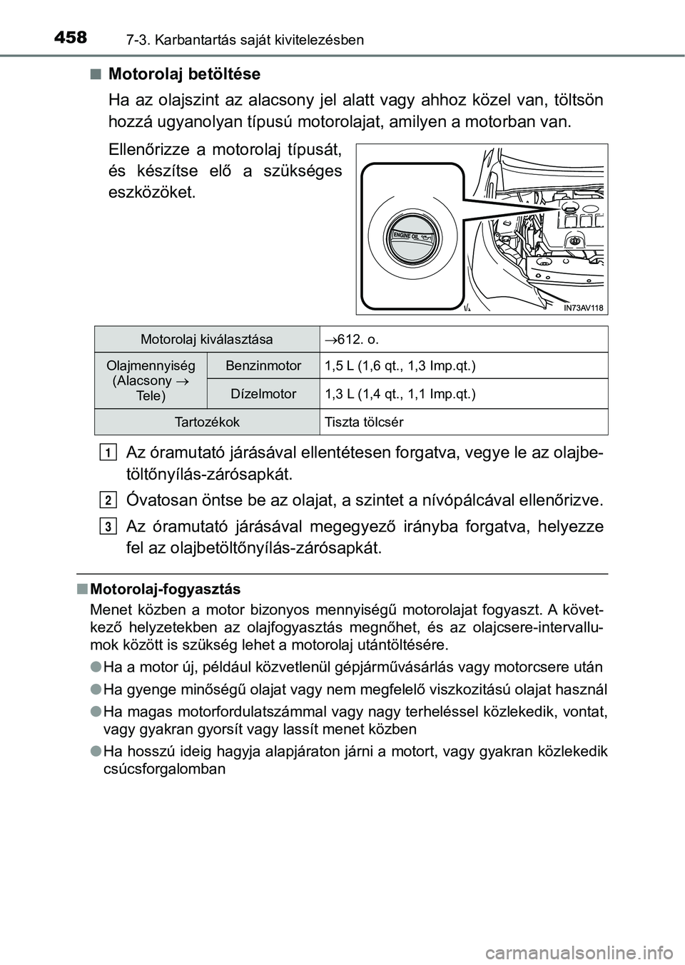 TOYOTA AVENSIS 2018 Kezelési útmutató (in Hungarian) 4587-3. Karbantartás saját kivitelezésben
nMotorolaj betöltése
Ha az olajszint az alacsony jel alatt vagy ahhoz közel van, töltsön
hozzá ugyanolyan típu sú motorolajat, amilyen a TOYOTA AVENSIS 2018 Kezelési útmutató (in Hungarian) 4587-3. Karbantartás saját kivitelezésben
nMotorolaj betöltése
Ha az olajszint az alacsony jel alatt vagy ahhoz közel van, töltsön
hozzá ugyanolyan típu sú motorolajat, amilyen a