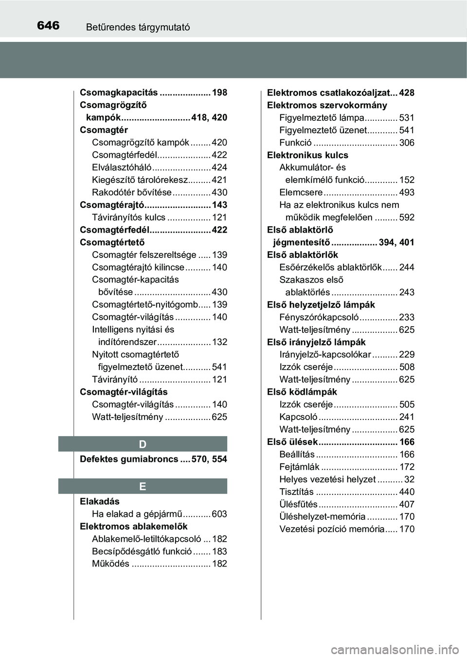 TOYOTA AVENSIS 2018 Kezelési útmutató (in Hungarian) 646Betűrendes tárgymutató
Csomagkapacitás .................... 198
Csomagrögzítő kampók ........................... 418, 420
Csomagtér
Csomagrögzítő kampók ........ 420
Csomagtérfedél.. TOYOTA AVENSIS 2018 Kezelési útmutató (in Hungarian) 646Betűrendes tárgymutató
Csomagkapacitás .................... 198
Csomagrögzítő kampók ........................... 418, 420
Csomagtér
Csomagrögzítő kampók ........ 420
Csomagtérfedél..