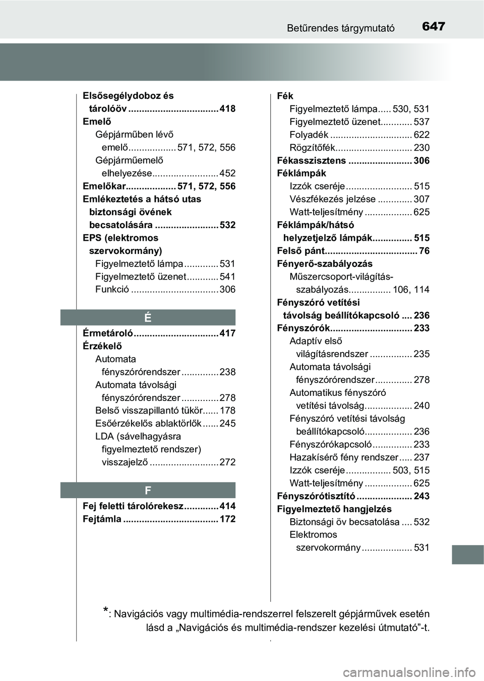 TOYOTA AVENSIS 2018 Kezelési útmutató (in Hungarian) 647Betűrendes tárgymutató
Elsősegélydoboz és tárolóöv .................................. 418
Emelő Gépjárműben lévő
emelő .................. 571, 572, 556
Gépjárműemelő elhelyez TOYOTA AVENSIS 2018 Kezelési útmutató (in Hungarian) 647Betűrendes tárgymutató
Elsősegélydoboz és tárolóöv .................................. 418
Emelő Gépjárműben lévő
emelő .................. 571, 572, 556
Gépjárműemelő elhelyez