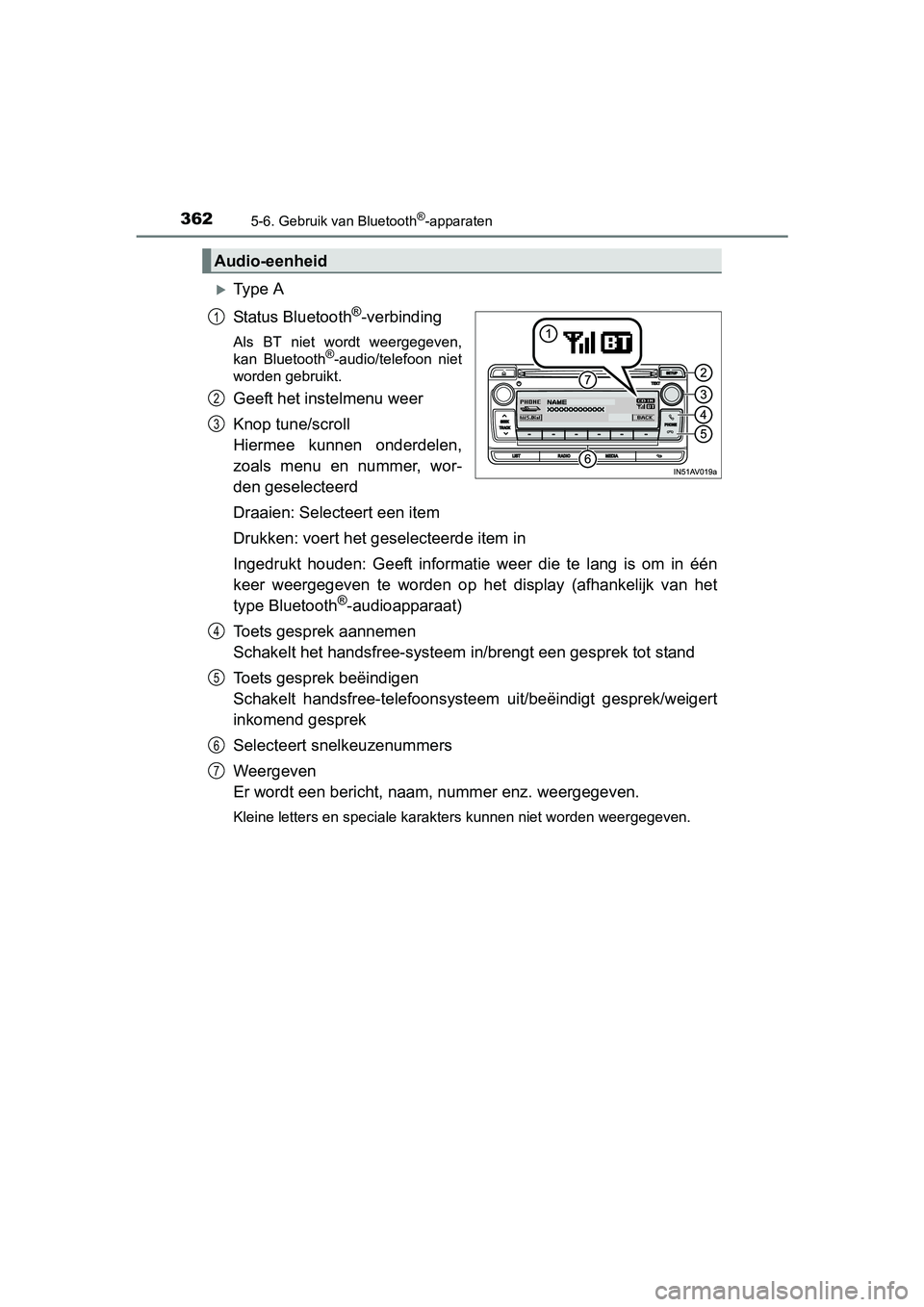TOYOTA AVENSIS 2018 Instructieboekje (in Dutch) 3625-6. Gebruik van Bluetooth®-apparaten
AVENSIS_OM_OM20C79E_(EE)
Ty p e A
Status Bluetooth
®-verbinding
Als BT niet wordt weergegeven,
kan Bluetooth®-audio/telefoon niet
worden gebruikt TOYOTA AVENSIS 2018 Instructieboekje (in Dutch) 3625-6. Gebruik van Bluetooth®-apparaten
AVENSIS_OM_OM20C79E_(EE)
Ty p e A
Status Bluetooth
®-verbinding
Als BT niet wordt weergegeven,
kan Bluetooth®-audio/telefoon niet
worden gebruikt